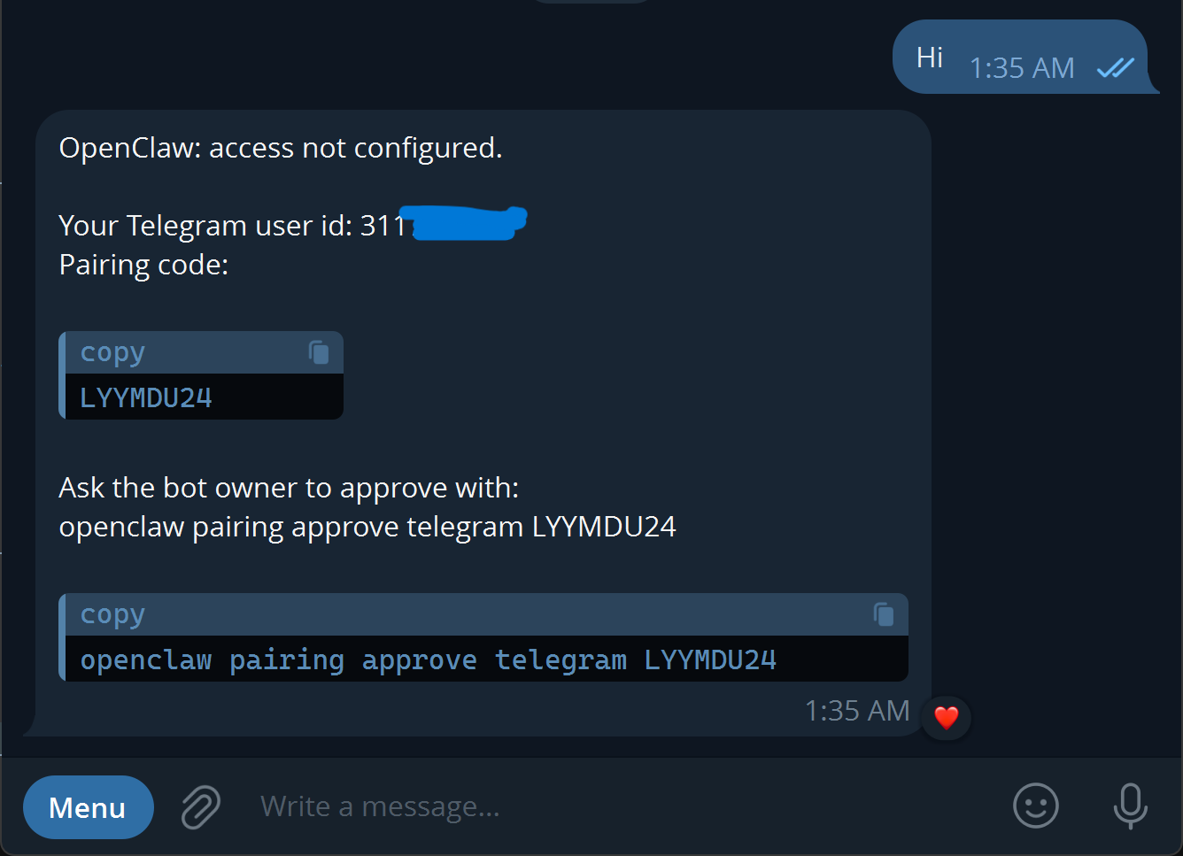 openclaw telegram first chat bot